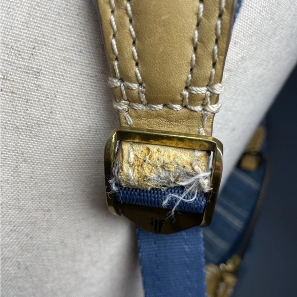 Frye Ivy Blue Denim Mini Backpack Striped Cotton Leather Gold Zipper - Picture 10 of 11